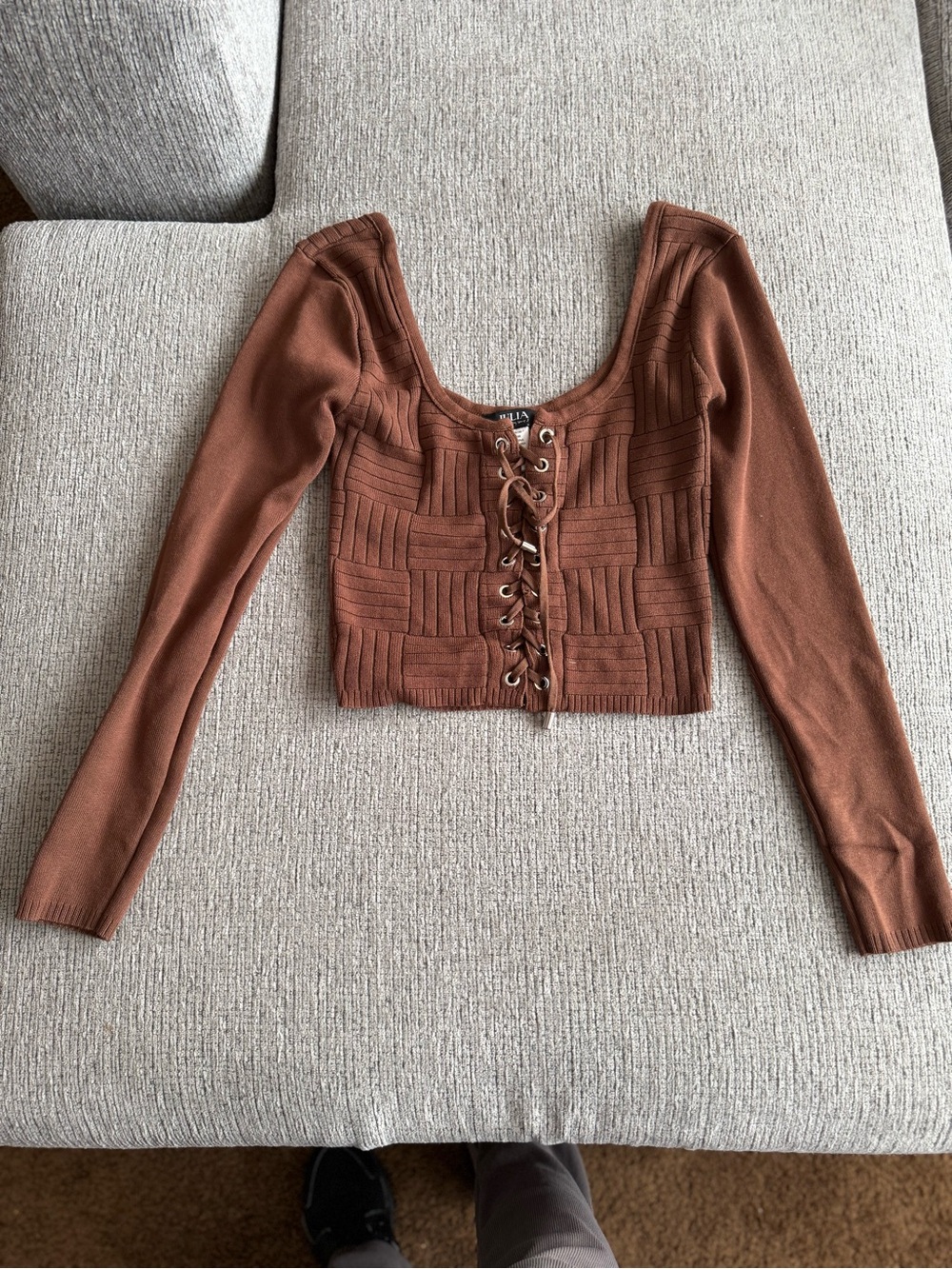 love J Rust Brown Lace-Up Ribbed Long Sleeve Crop Top